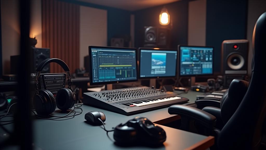 Modern digital studio equipment, high-quality audio and video gear arranged in a professional setting