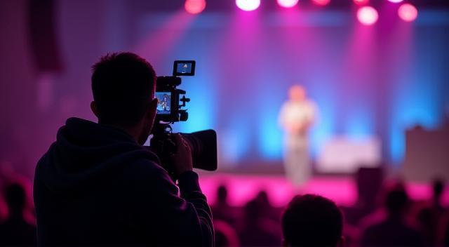Camera operator filming a speaker on stage at a live event