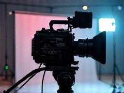 Professional video camera on a tripod on a studio set